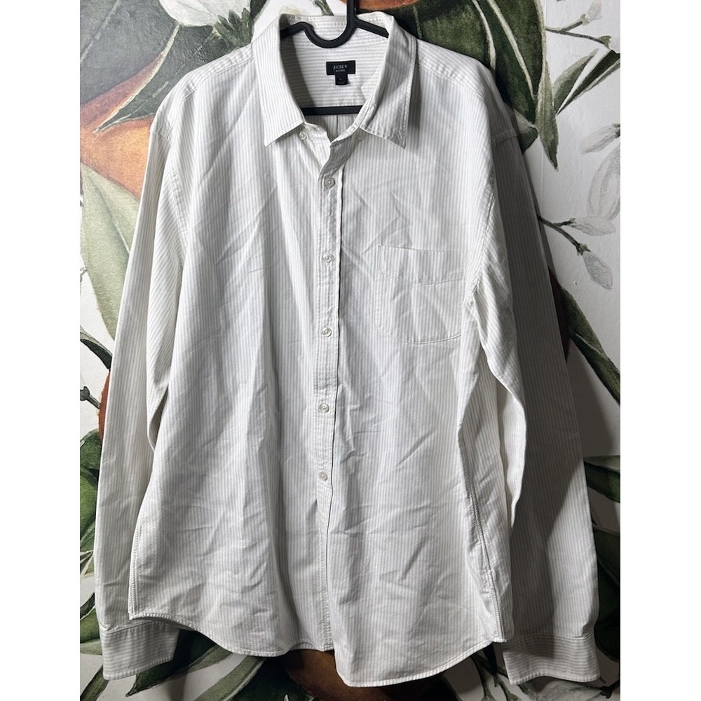 J Crew XL Mens Oxford Striped Ivory Gray Button Front Long Sleeve Shirt